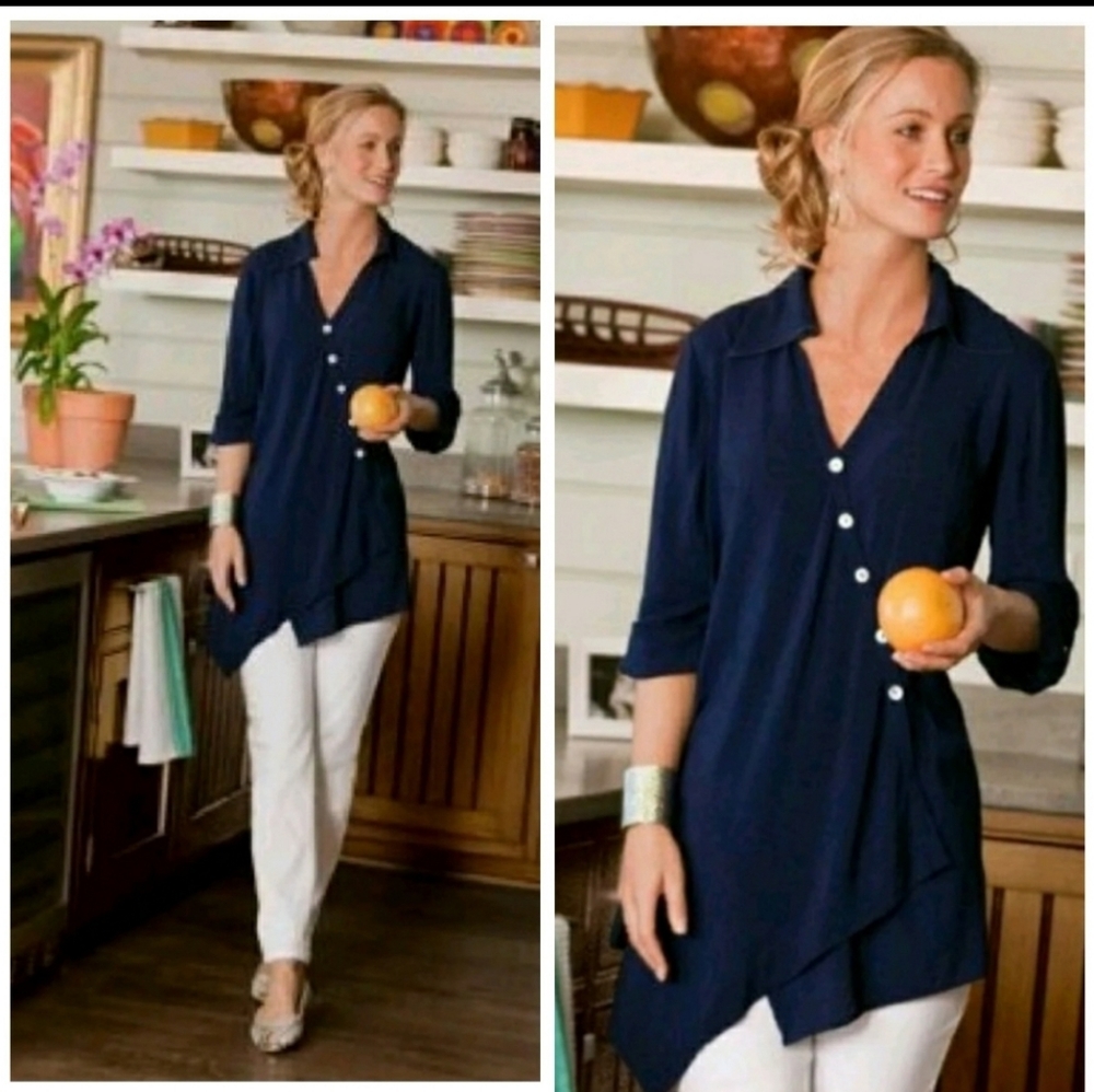 Soft Surroundings | Navy Asymmetrical Wrap Blouse